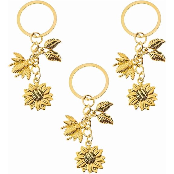 3Pcs Alloy Enamel Keychain with Iron Rings Bee Sunflower Antique Golden 79mm