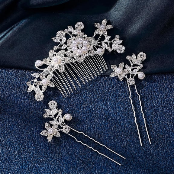 3Pcs Alloy Rhinestone Floral 15 Teeth Hair Combs French Fancy Flower Side Combs Hair Clips Accessories with imitation pearl for Women Wedding Bridal Jewelry Silver 230mm