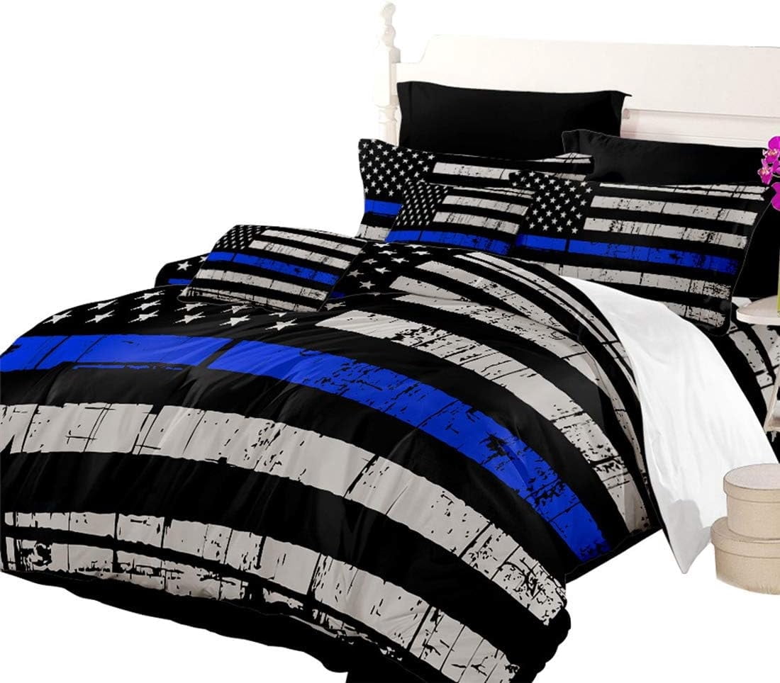 Beartech 3 Pcs American Flag Bedding Set Queen Size Holiday American Flag Duvet Cover American Flag Quilt Cover BLue Black Gray Stripe Independence Day Decor