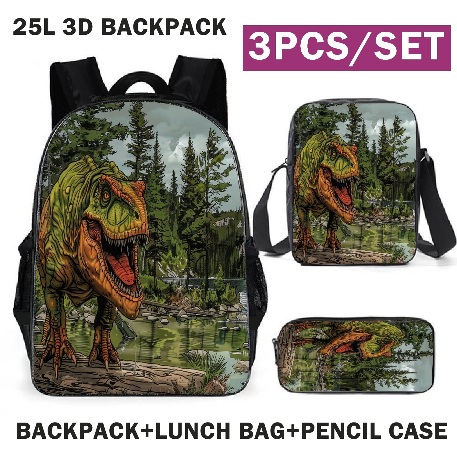 Animal Dinosaur Backpack 3Pcs Backpack Set 17inch School Backpacks with Lunch Bag Pencil Case Fans Gift for Boys Girls Students 07 Walmart