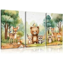 3Pcs Animal Nursery Wall Art Forest Animal Wall Decor Cute Watercolor Deer Bear Fox Poster Canvas Prints Paintings Pictures Artwork for Kids Baby Bedroom(only canvas)