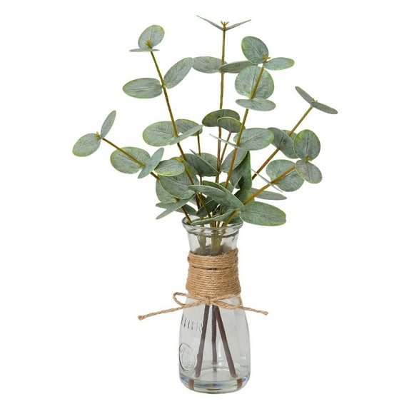 3Pcs Artificial Eucalyptus Stems in Glass Vase with Faux Water - Double-Sided Green Eucalyptus Leaves for Home Centerpiece Decoration