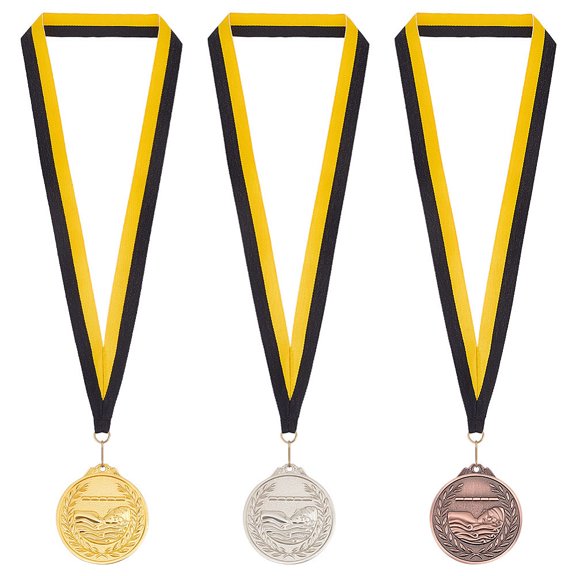 3Pcs Award Medals with Premium Ribbon Alloy Award Swimming Medal with Stripe Pattern Lanyard Golden Platinum Red Copper Flat Round Medals