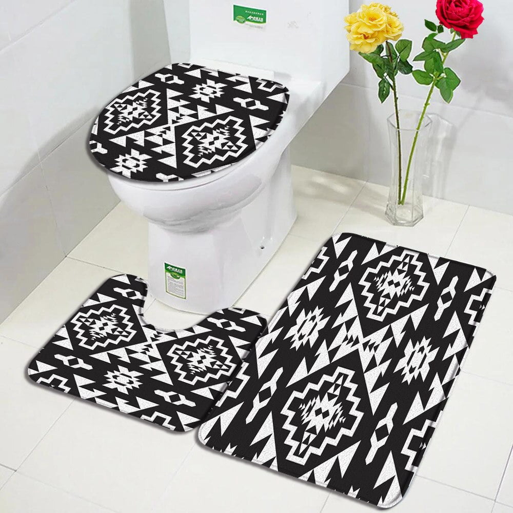 3Pcs Aztec Bath Mats Set Black White Geometric Fashion Ethnic Style