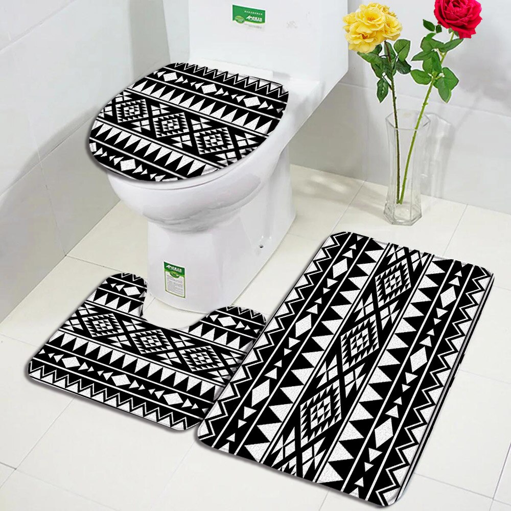3Pcs Aztec Bath Mats Set Black White Geometric Fashion Ethnic Style