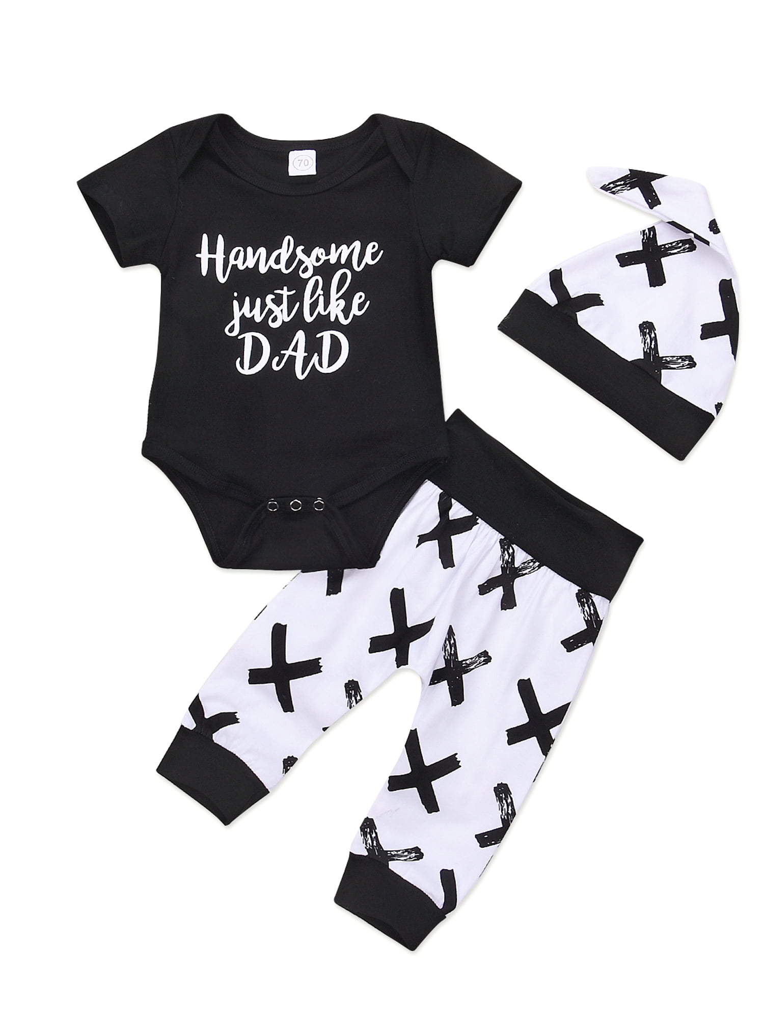 3Pcs Baby Boy Clothes Newborn Infant Bodysuit Summer Short Sleeve Romper +Pants+Beanie Hat Set