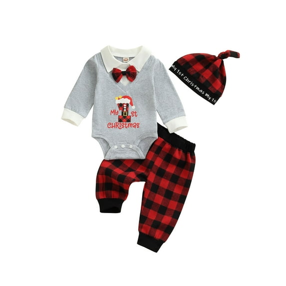 3Pcs Baby Boy My 1st Christmas Outfit Gentleman Romper with Bow Top Buffalo Plaid Pants Hat
