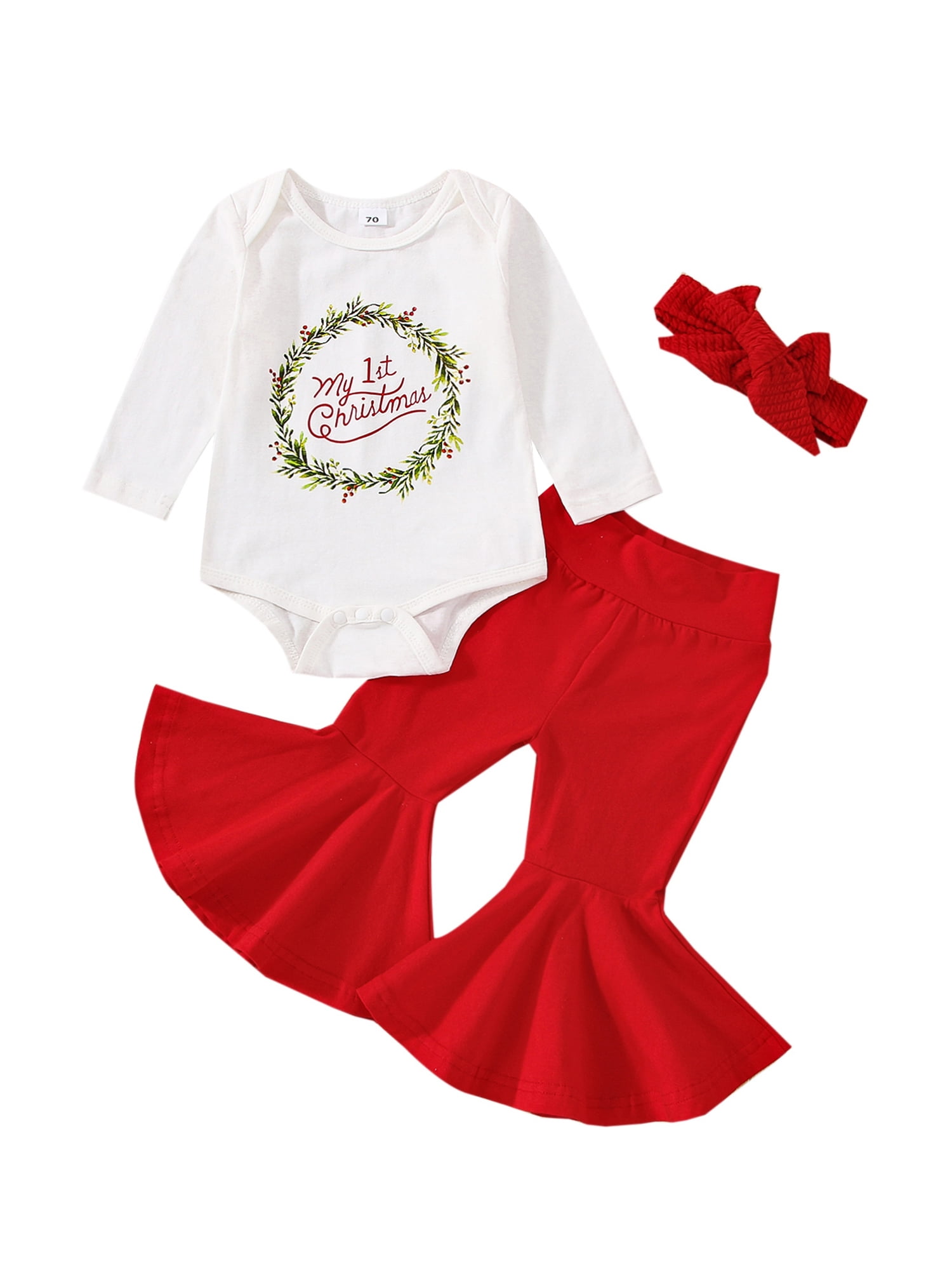 3Pcs Baby Girl Christmas Outfits, Long Sleeve Wreath Print Romper