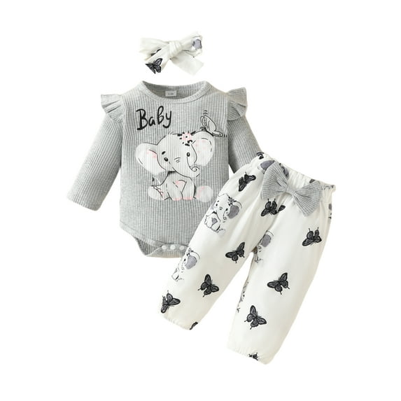 3Pcs Baby Girl Fall Outfits Long Sleeve Elephant Print Romper + Bow Pants + Headband Set Infant Outfit