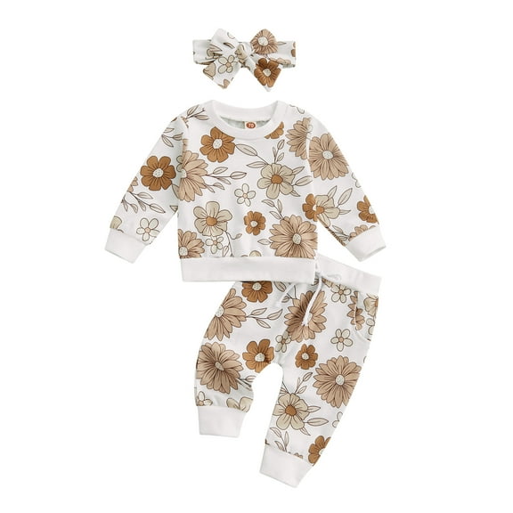 3Pcs Baby Girl Outfits Floral Sweatshirt + Pants + Headband Infant Fall Winter Clothes White 12-18 Months