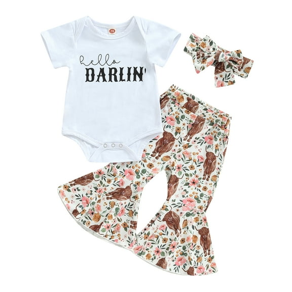 3Pcs Baby Girl Spring Outfits, Short Sleeve Romper + Floral Cow Print Flare Pants + Headband Set