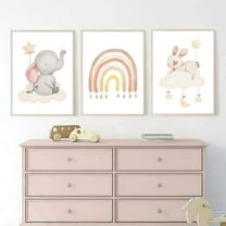 3Pcs Baby Girls Animal Nursery Wall Art Prints Cute Elephant Rabbit Cat Poster Rainbow Cloud Canvas Painting Infant Kids Room Decor Wall Pictures
