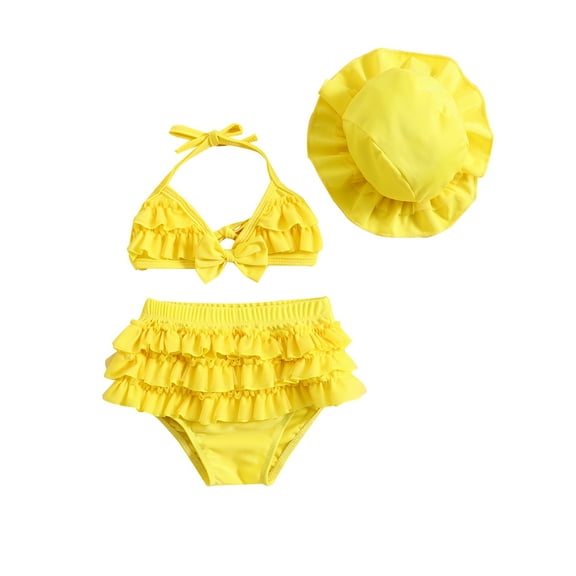3Pcs Baby Girls Bikini Summer SwimSuit Outfit, Hanging Neck Tops Layered Ruffle Shorts Hat Infant Swimwear Set