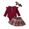thumbnail image 1 of 3Pcs Baby Girls Outfit 3M 6M 9M 12M 18M Autumn Clothing Ribbed Long Sleeve Romper + Plaid Pleated Skirt + Headband Set, 1 of 10