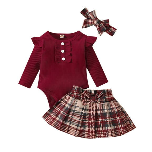 3Pcs Baby Girls Outfit 3M 6M 9M 12M 18M Autumn Clothing Ribbed Long Sleeve Romper Plaid Pleated Skirt Headband Set