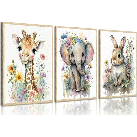 3Pcs Baby Watercolor Safari Animals Nursery Canvas Wall Art Cute Jungle Animals with Wildflower Picture Posters Wall Decor Giraffe Elephant Rabbit Painting Print Artwork for Kids Children Room