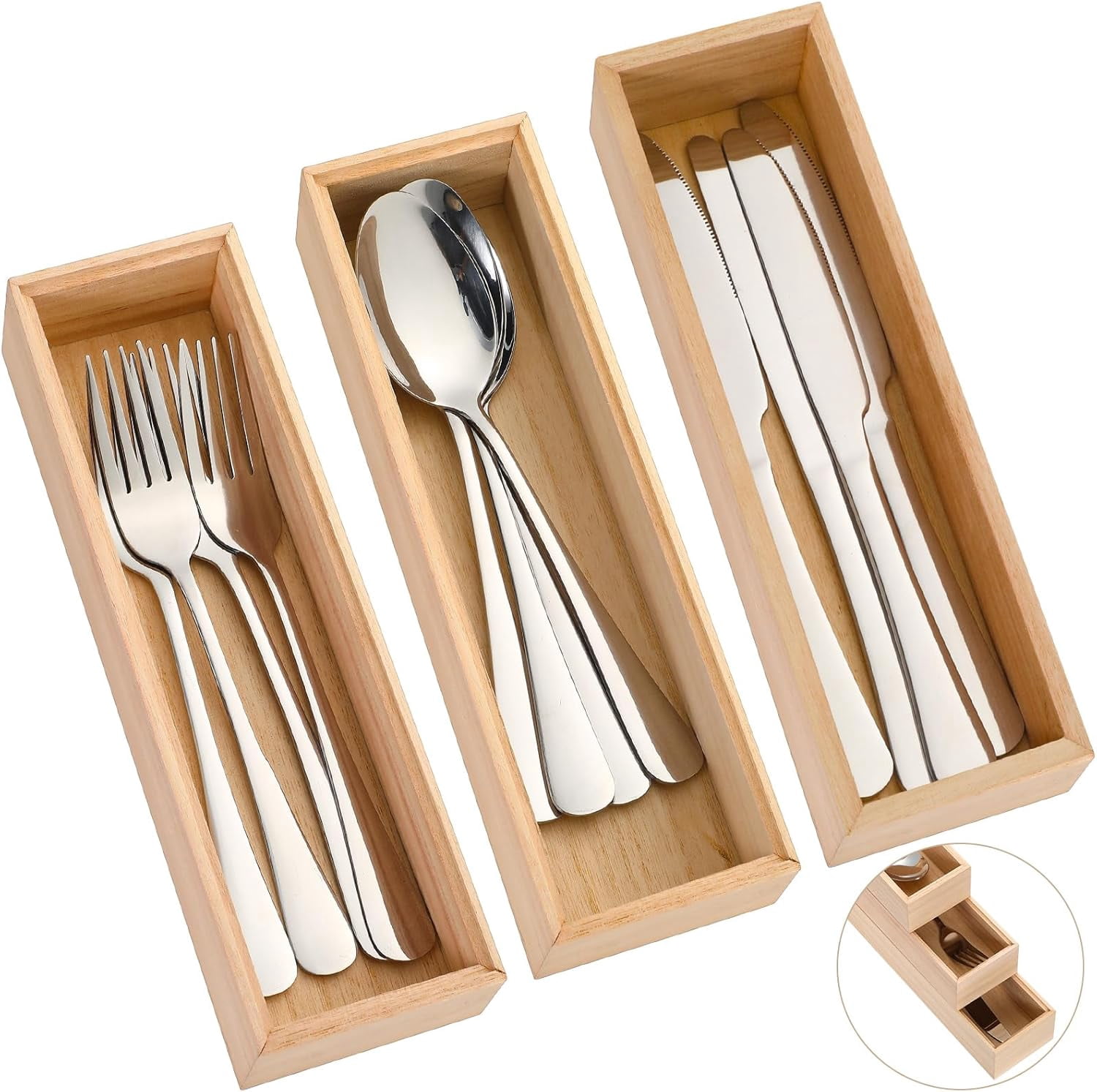 3Pcs Bamboo Drawer Organizer 10 x 3 x 2'' Kitchen Silverware Organizer ...