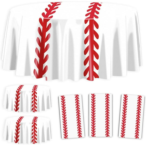 3Pcs Baseball Tablecloths - 84inch Round Baseball Party Table Covers Red White Baseball Pattern Table Cloth for Kids Sports Baseball Birthday Party Supplies
