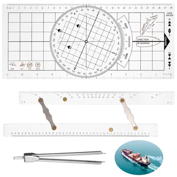 Professional Marine Navigation Set - Parallel Ruler, Nautical Protractor & Fixed Divider for Boat Course Plotting, Chart Work, and Coastal Navigation (3 Pcs, Clear Acrylic Scales)