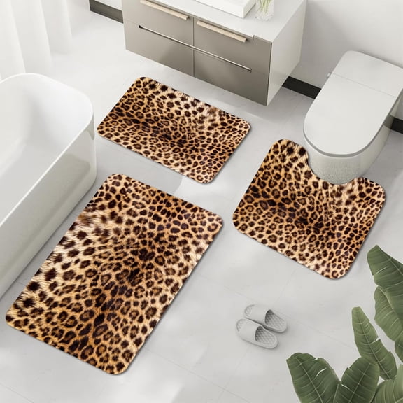 3Pcs Bath Mats for Bathroom Set, Brown Cheetah Print Bathroom Mat Set, Luxury Bathroom Rug, Soft Non-Slip Shower Mat, Absorbent Quick-Dry Leopard Print Restroom Decor, Washable Bath Floor Mats