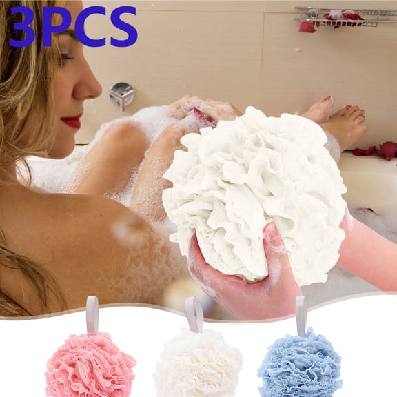 3Pcs Bath Sponge, Multicolor Shower Loofah, Exfoliating Body Scrubber, Soft Mesh Bath Pouf with Hanging Lanyard, Gentle Cleansing Bath Ball for All Skin Types