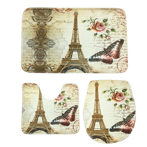 3Pcs Bathroom Set Bath Rug Set Paris Eiffel Tower Pattern Anti-Slip Bathroom Pedestal Rug + Toilet Lid Cover + Floor Mat Bath Mat Set