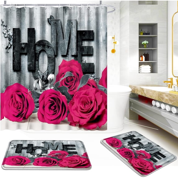 3Pcs Bathroom Sets Red Rose Shower Curtain Sets with Rugs Incl 71'' x 71'' Waterproof Polyester Shower Curtain with 12 Hooks 2Pcs 30'' x 18'' Non Slip Bath Mats for Bath Decor
