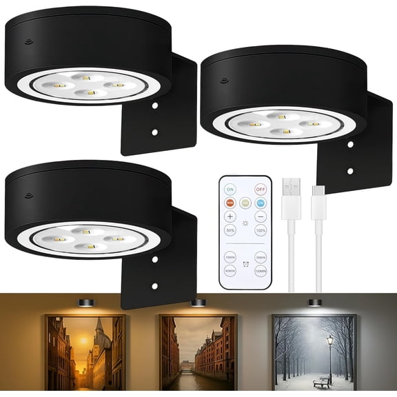 3Pcs Battery Operated Picture Light, Magnetic Led Painting Light with Remote Dimmable and Timer, 3 Lighting Modes Art Display Light for Picture Frame Paintings, Wireless Wall Decor Puck Lights, Black