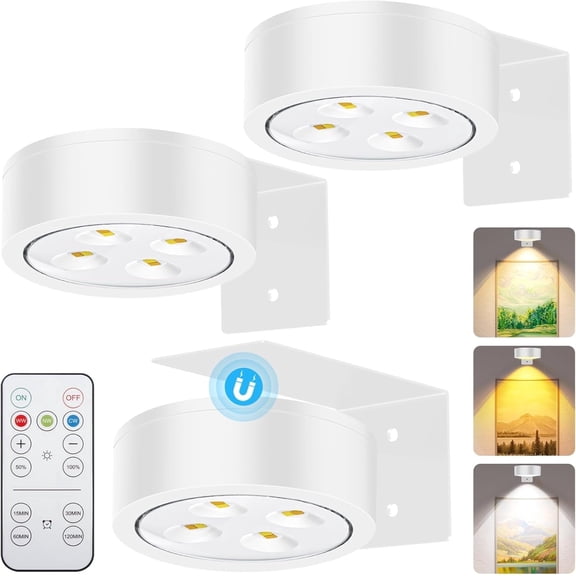 3Pcs Battery Operated Picture Light, Magnetic Led Painting Light with Remote Dimmable and Timer, 3 Lighting Modes Art Display Light for Picture Frame Paintings, Wireless Wall Decor Puck Lights, white