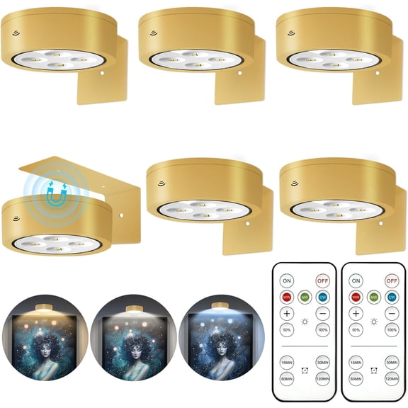 3Pcs Battery Operated Picture Light, Magnetic Led Painting Light with Remote Dimmable and Timer, 3 Lighting Modes Art Display Light for Picture Frame Paintings, Wireless Wall Decor Puck Lights