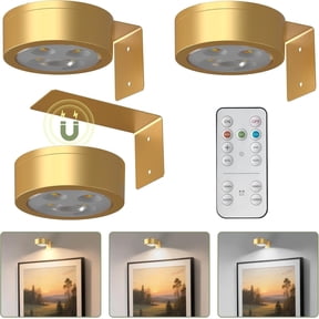 3Pcs Battery Operated Picture Light, Magnetic Led Painting Light with Remote Dimmable and Timer, 3 Lighting Modes Art Display Light for Picture Frame Paintings, Wireless Wall Decor Puck Lights, Gold