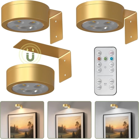 3Pcs Battery Operated Picture Light, Magnetic Led Painting Light with Remote Dimmable and Timer, 3 Lighting Modes Art Display Light for Picture Frame Paintings, Wireless Wall Decor Puck Lights, Gold