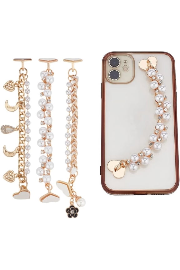 3Pcs Beaded Cell Phone Chain Charms Pearl Phone Chain Decoration Lanyard Heart Moon Beaded Phone Charm Strap Rhinestone Diamond Gold Chain Universal Mobile Phone Finger Strap for Women for DIY
