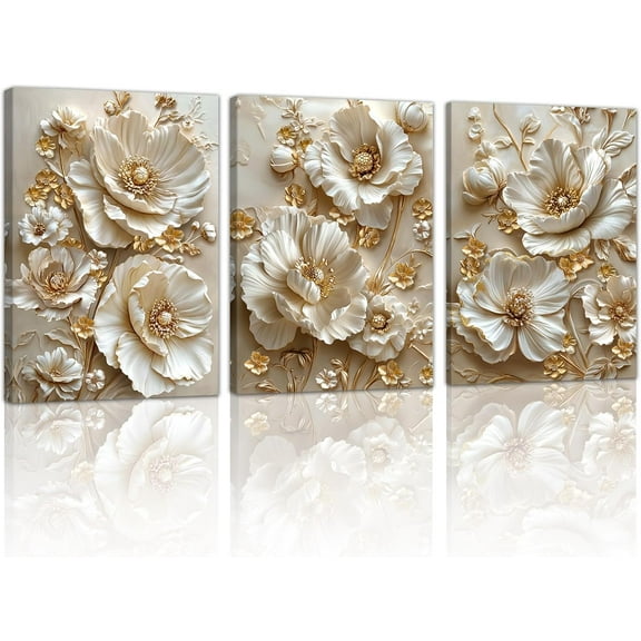 3Pcs Beige Floral Botanical Canvas Wall Art, Neutral Textured Flower Plant Wall Painting Picture Wall Decor Vintage Blossom Posters Prints for Bedroom Living Room Reay to Hang 12"x16"x3Pcs