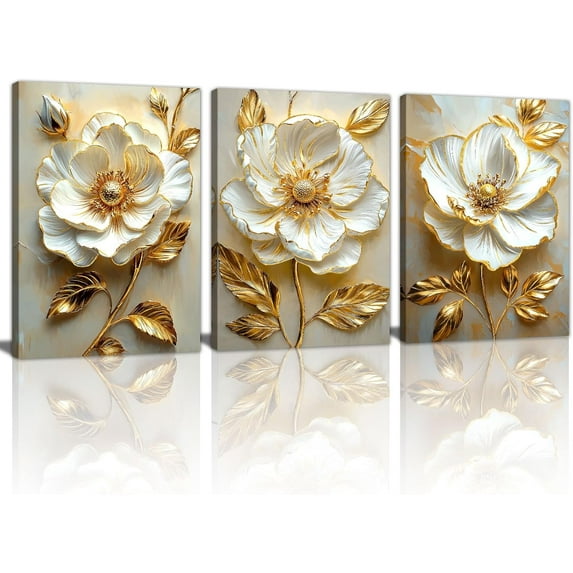 3Pcs Beige Floral Botanical Canvas Wall Art, Neutral Textured Flower Plant Wall Painting Picture Wall Decor Vintage Blossom Posters Prints for Bedroom Living Room Reay to Hang 12"x16"x3Pcs