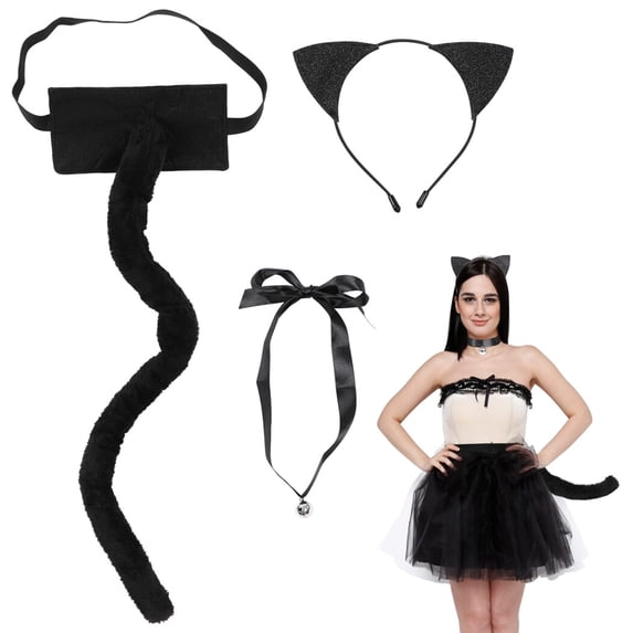 3Pcs Black Cat Dress Up Set, Cat Party Accessories Kit with Cat Ear Hairband, Black Tail, and Silver Bell Choker for Carnival, Stage Performance