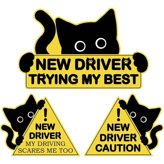3Pcs Black Cat New Car Driving Stickers, Funny New Driver Sticker for Car Please Be Patient, Safety Warning Signs for Student Driver Moderate Size & Long Service Life