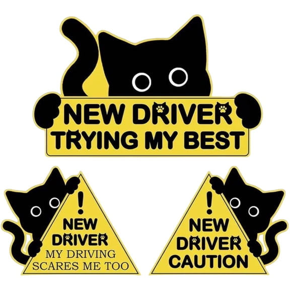 3Pcs Black Cat Reflective Driving Magnets, Funny New Driver Magnet for Car Please Be Patient, Safety Warning Signs for Student Driver Moderate Size & Long Service Life