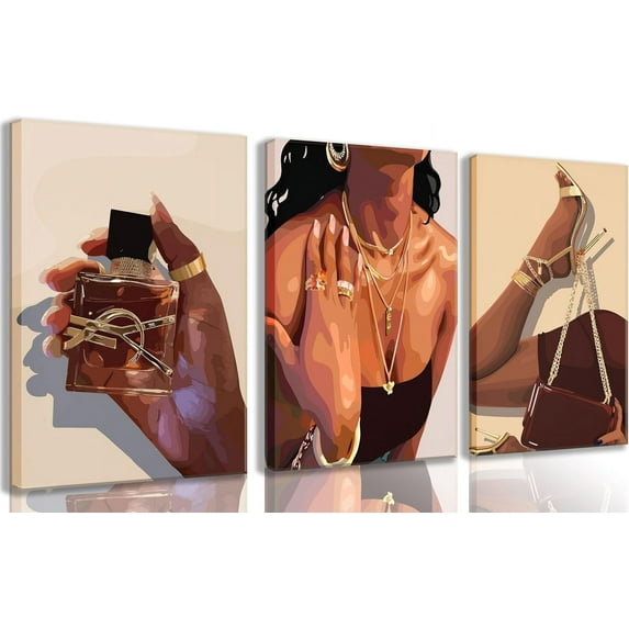3Pcs Black Girl Wall Art African American Woman Canvas Pictures Fashion Girl Abstract Posters Prints Boho Black Female Paintings for Nordic Minimalist Room Bedroom Wall Decor Unframed