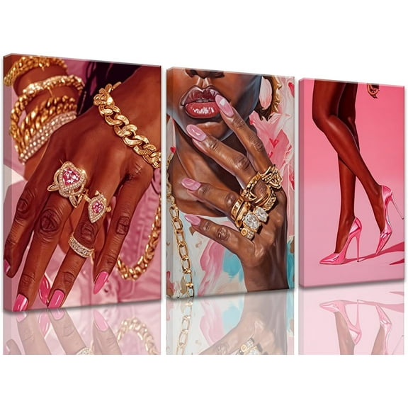 3Pcs Black Girl Wall Art Pink Framed Decor African American Woman Canvas Prints Fashion Posters Gorgeous Pictures Living Room Bedroom Home Decoration