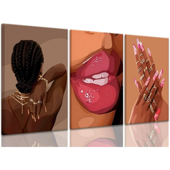 3Pcs Black Girl Wall Art Pink d Decor African American Woman Canvas Prints Fashion Posters Gorgeous Pictures Living Room Bedroom Home Decoration