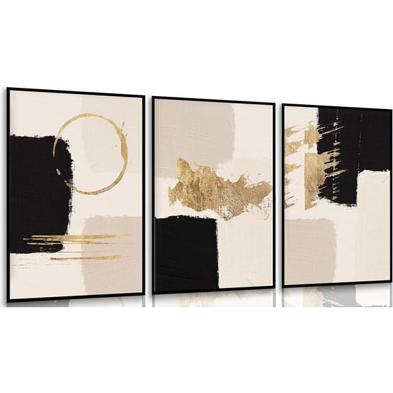 3Pcs Black and Gold Abstract Wall Art Bohemian Minimalist Geometric Canvas Poster Prints Beige Gold Foil Pictures Painting Wall Decor for Living Room Bedroom Office Decoration