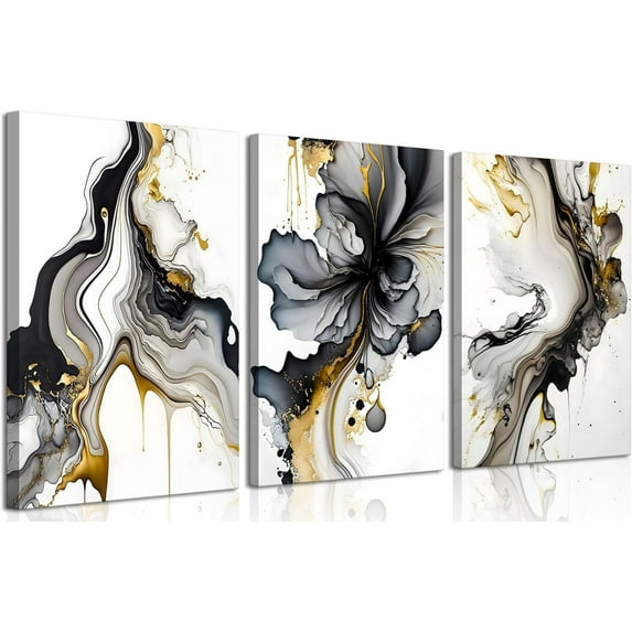 3Pcs Black and Gold Abstract Wall Art, Modern Grey and Gold Marble Fluid Canvas Wall Art Prints Posters Wall Decor Pictures for Living Room Bedroom Office Home Decoration,