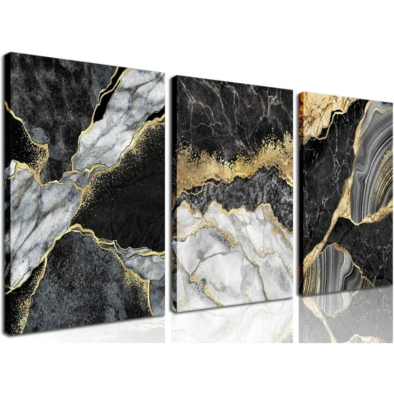 3Pcs Black And Gold Wall Art Gold Foil Abstract Posters Pictures Marble Fluid Paintings Nordic Watercolor Gray White Ink Lines Canvas Prints for Modern Living Room Office Home Wall Decor Framed