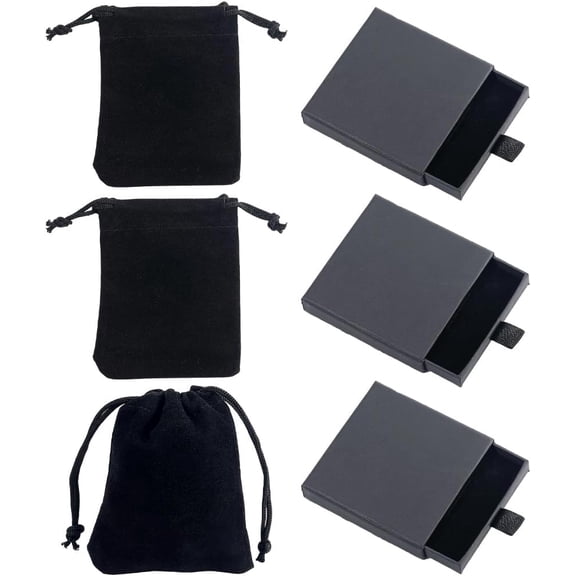 3Pcs Black Paper Drawer Boxes 8x8x2cm Square Small Cardboard Gift Boxes Storage Packaging Case with 3Pcs Velvet Pouches Sponge Insert and Lids for Rings Pendants Earrings Necklaces Jewelry