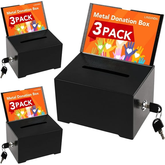 3Pcs Black Tip Jar Suggestion Box with Slot and Lock Metal Donation Raffle Fundraising Cash Ballot Money Ticket Bartender Voting Prayer Comment Teacher Mailbox Booth Card Coin Classroom