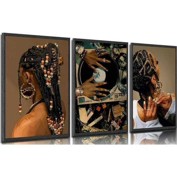 3Pcs Black Woman Canvas Wall art Boho Fashion Black Girl Painting Picture Wall Decor Abstract African American Poster Print Artwork for Living Room Bedroom Office Home Decoration