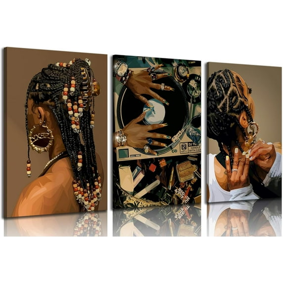 3Pcs Black Woman Canvas Wall art Boho Fashion Black Girl Painting Picture Wall Decor Abstract African American Poster Print Artwork for Living Room Bedroom Office Home Decoration