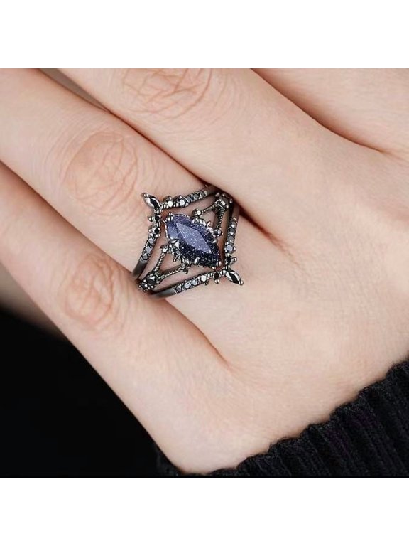3Pcs Bling Marquise Starry Crystal Ring Set for Women, Gunmetal Plated Vintage Gothic Engagement Style Costume Ring 6
