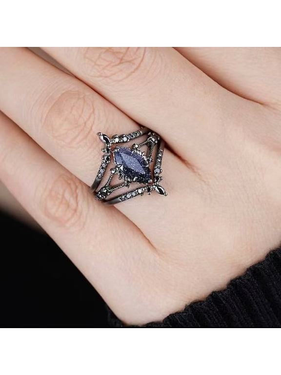 3Pcs Bling Marquise Starry Crystal Ring Set for Women, Gunmetal Plated Vintage Gothic Engagement Style Costume Ring 7